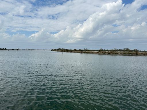 Ruhiger Wasserlauf mit sanften Wellen und bewachsenen Ufern unter wolkigem Himmel.